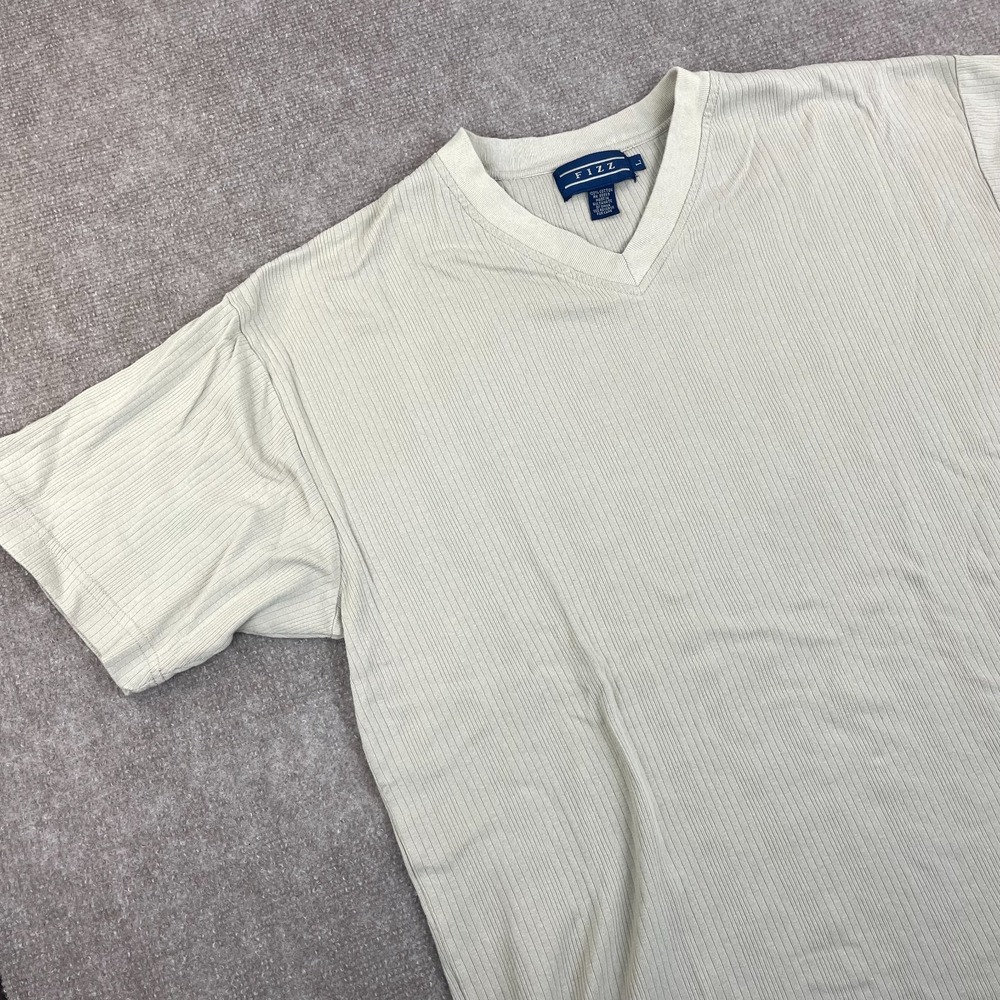 Fizz T Shirt Men's Large Beige Vertical Striped Textured Casual Wear V Neck